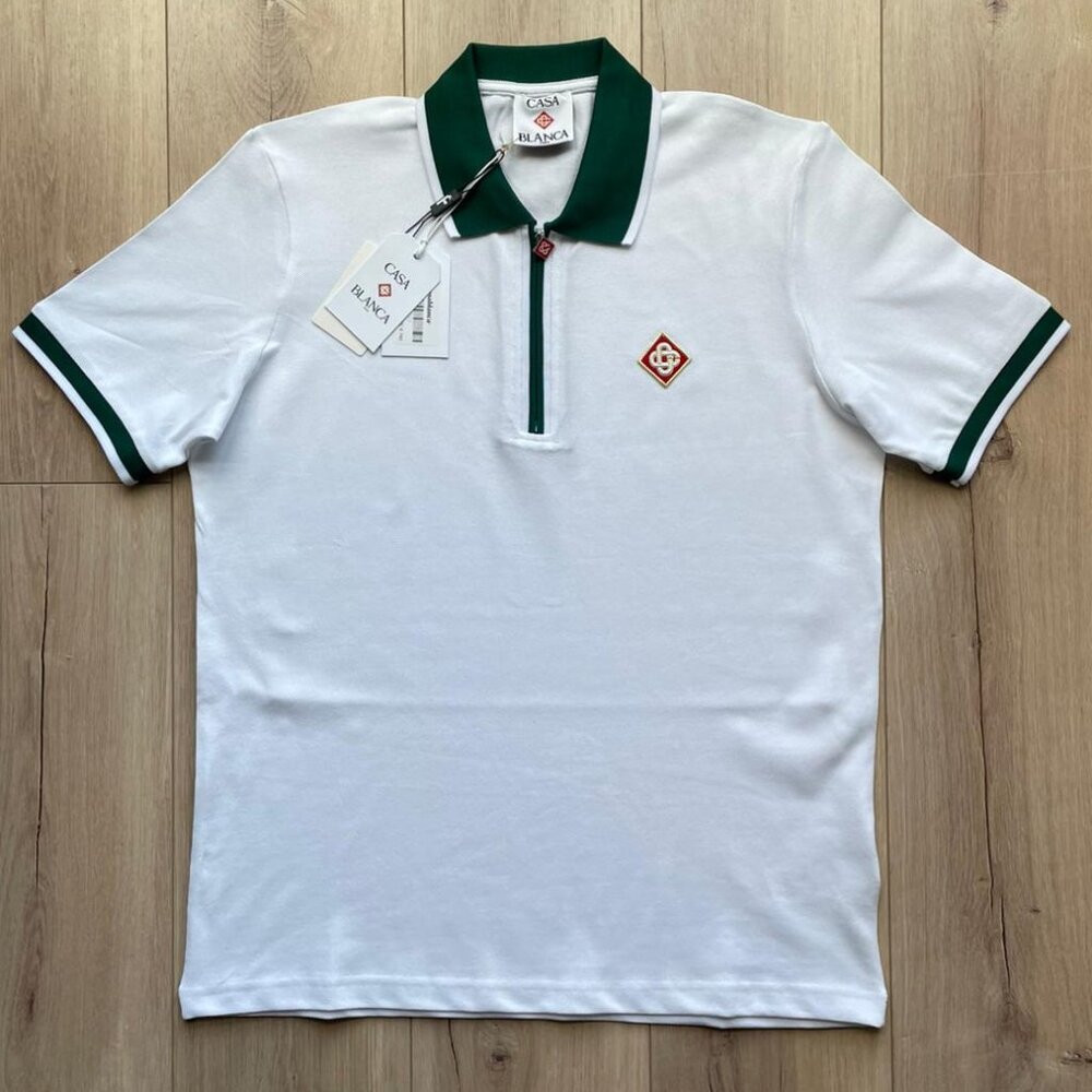 XL CASABLANCA MEN'S WHITE HALF ZIP COTTON POLO T-SHIRT
